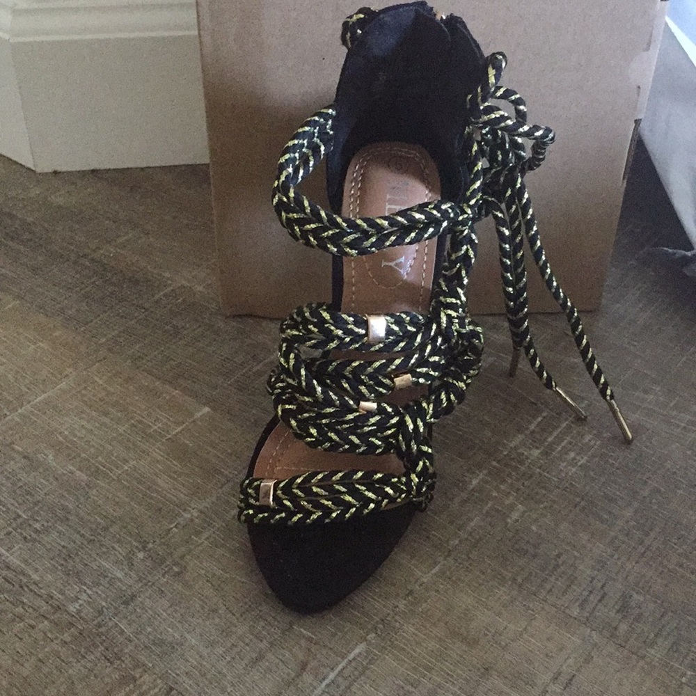 Black/gold rope tie heels